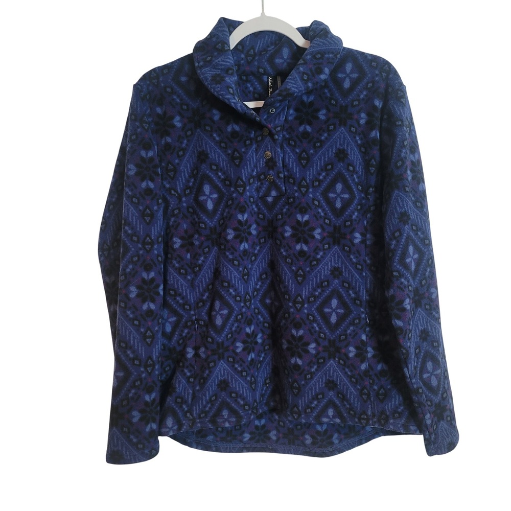 North River Womens Blue Geometric Fair Isle Fleece Snap‎ Neck Pullover Medium